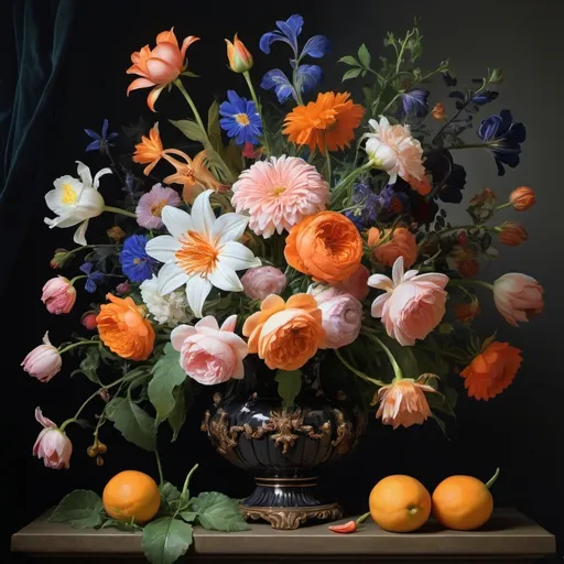 Prompt: (stunning revisitation of Abraham Mignon's flowers in a vase), (vibrant colors), detailed flowers, elegant vase, lush greenery, soft natural lighting, realistic textures, emphasis on the interplay of shadow and light, classic still life composition, high resolution, mesmerizing background, evocative depth, serene ambiance, a masterpiece of floral artistry, rich and dynamic botanical elements.