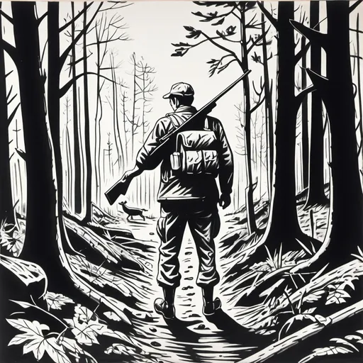 Prompt: Simple 1950s sharpie drawing black and white only. Man wearing camo with hunting rifle in the woods