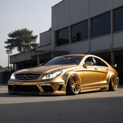 Prompt: golden cls55 amg with lights on, rauh welt begriff wide body kit