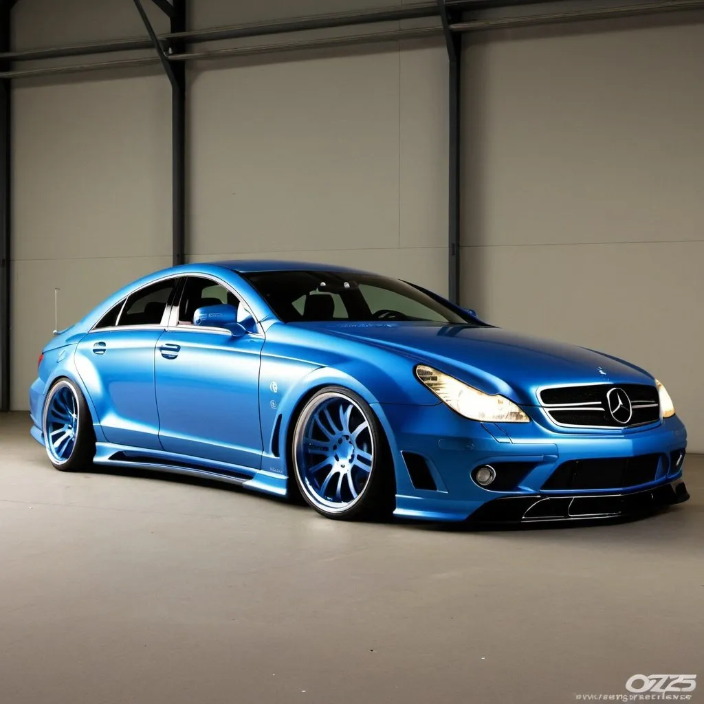 Prompt: mercedes cls55 make 2008, side view, blue colour,  oz antares rims, big body wings, extreme wide body kit,  aerodynamic package