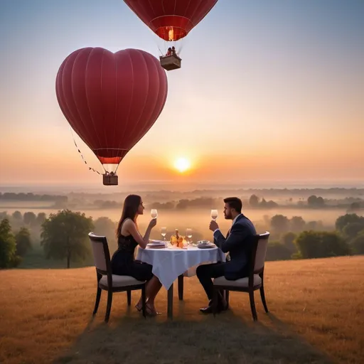 Prompt: Private dinner table with a couple sitting by it in love in the hot air baloon romantic mood, sunrise, dawn mood, realistic photo image