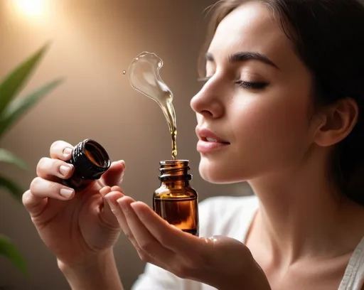 Prompt: There was a beautiful woman holding a small dark brown essential oil glass bottle in one hand, pouring it downwards, and a drop of liquid dripped from the mouth of the bottle to the open palm of her other hand. The bottle and hand are in sharp focus and the background is blurred. The lighting is soft and natural. The scene conveys a feeling of using skin care products or essential oils, and the atmosphere is warm and relaxing.