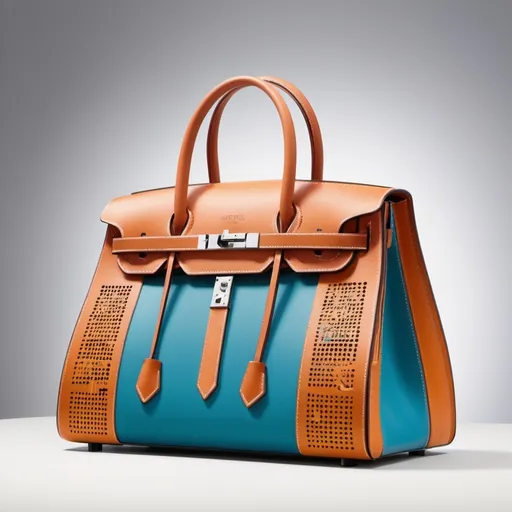 Prompt: Bag design blending luxury (Hermès style) with unique structural elements (Meccano), sleek and modern, featuring intricate metallic details and vibrant colors, chic and sophisticated aesthetic, balanced with playful mechanical components, ultra-detailed craftsmanship, high quality, enchanting ambiance of refined creativity.