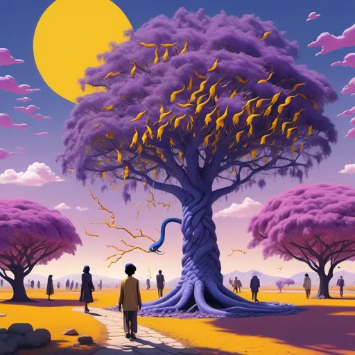 Prompt: A person who has a purple face, standing under a saffron neem tree with yellow stems. The sky is purple, the sun is pink. Somewhere few astroids coming. A blue snake is jumping from the neem tree. People walking and children playing at distance. All this sets in magical realism world like a Kafka, Dostoevsky, Murakami or Marquez writings. The soil is aqua colored. There are dogs which has wings of peacock. And peacocks which has tales of an elephant. Set it in a totally surreal world.