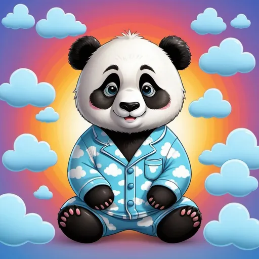 Prompt: a panda in pajamas, with clouds patterns in relief, ready to go to bed, cartoon, cute, colorful, high-quality, high-definition, awesome highlights, colorful background