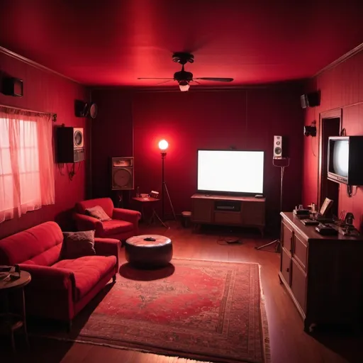 Prompt: An inside of a house with the lounge room, Bedroom and Kitching all on stage. The stage is a dimly lit room with a red glow to it, with an older vibe room. With hidden cameras around the room, that is not very clear