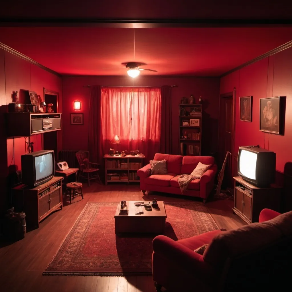 Prompt: An inside of a house with the lounge room, Bedroom and Kitching all on stage. The stage is a dimly lit room with a red glow to it, with an older vibe room. With hidden cameras around the room, that is not very clear