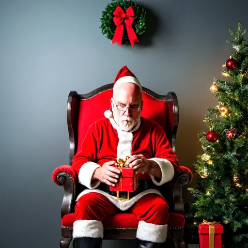 Prompt: (Santa Claus), sitting comfortably in an (old wooden chair), beside a brightly (decorated Christmas tree), holding (beautifully wrapped gifts). He wears his iconic (red traditional attire), with an emphasis on the vibrant, cheerful colors of the scene. Atmosphere is cozy and joyful, creating a (hyper-realistic) ambiance with (rich detail), accentuated lighting, evoking the spirit of Christmas in stunning (ultra-detailed) 4K quality.