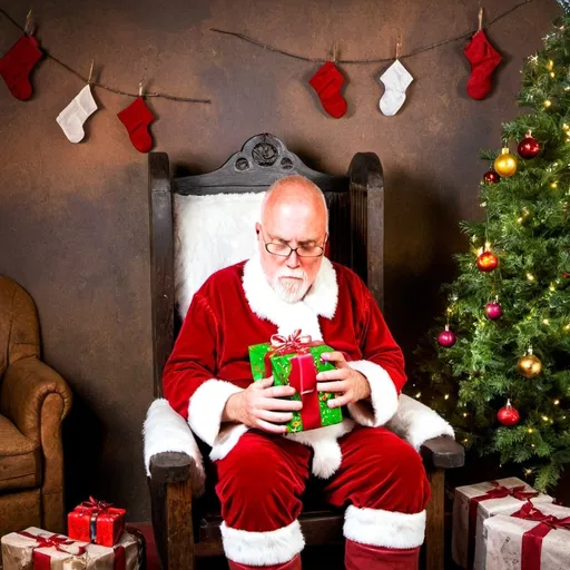 Prompt: (Santa Claus), sitting comfortably in an (old wooden chair), beside a brightly (decorated Christmas tree), holding (beautifully wrapped gifts). He wears his iconic (red traditional attire), with an emphasis on the vibrant, cheerful colors of the scene. Atmosphere is cozy and joyful, creating a (hyper-realistic) ambiance with (rich detail), accentuated lighting, evoking the spirit of Christmas in stunning (ultra-detailed) 4K quality.