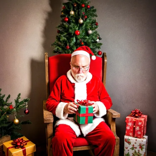 Prompt: (Santa Claus), sitting comfortably in an (old wooden chair), beside a brightly (decorated Christmas tree), holding (beautifully wrapped gifts). He wears his iconic (red traditional attire), with an emphasis on the vibrant, cheerful colors of the scene. Atmosphere is cozy and joyful, creating a (hyper-realistic) ambiance with (rich detail), accentuated lighting, evoking the spirit of Christmas in stunning (ultra-detailed) 4K quality.