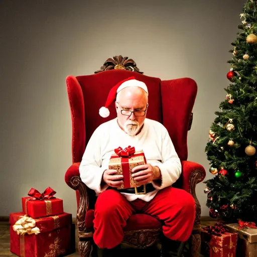 Prompt: (Santa Claus), sitting comfortably in an (old wooden chair), beside a brightly (decorated Christmas tree), holding (beautifully wrapped gifts). He wears his iconic (red traditional attire), with an emphasis on the vibrant, cheerful colors of the scene. Atmosphere is cozy and joyful, creating a (hyper-realistic) ambiance with (rich detail), accentuated lighting, evoking the spirit of Christmas in stunning (ultra-detailed) 4K quality.