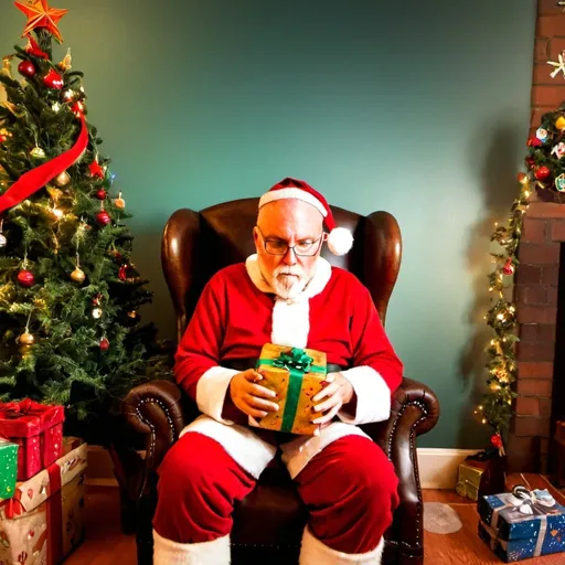 Prompt: (Santa Claus), sitting comfortably in an (old wooden chair), beside a brightly (decorated Christmas tree), holding (beautifully wrapped gifts). He wears his iconic (red traditional attire), with an emphasis on the vibrant, cheerful colors of the scene. Atmosphere is cozy and joyful, creating a (hyper-realistic) ambiance with (rich detail), accentuated lighting, evoking the spirit of Christmas in stunning (ultra-detailed) 4K quality.