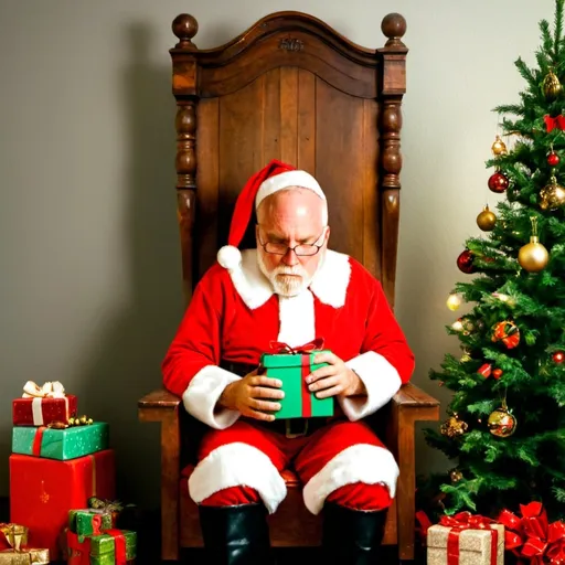 Prompt: (Santa Claus), sitting comfortably in an (old wooden chair), beside a brightly (decorated Christmas tree), holding (beautifully wrapped gifts). He wears his iconic (red traditional attire), with an emphasis on the vibrant, cheerful colors of the scene. Atmosphere is cozy and joyful, creating a (hyper-realistic) ambiance with (rich detail), accentuated lighting, evoking the spirit of Christmas in stunning (ultra-detailed) 4K quality.