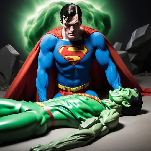 Prompt: A minister lying down  emaciated by too much ambition with kryptonite in the background and superman lying down in a weak state