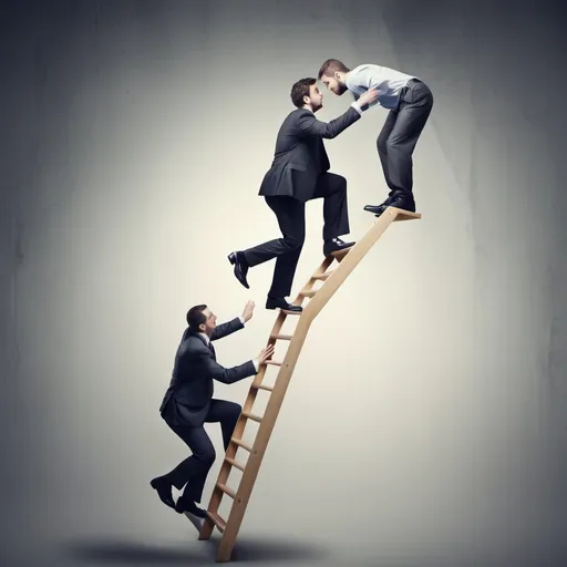 Prompt: Person  stepping on another person to climb the corporate ladder