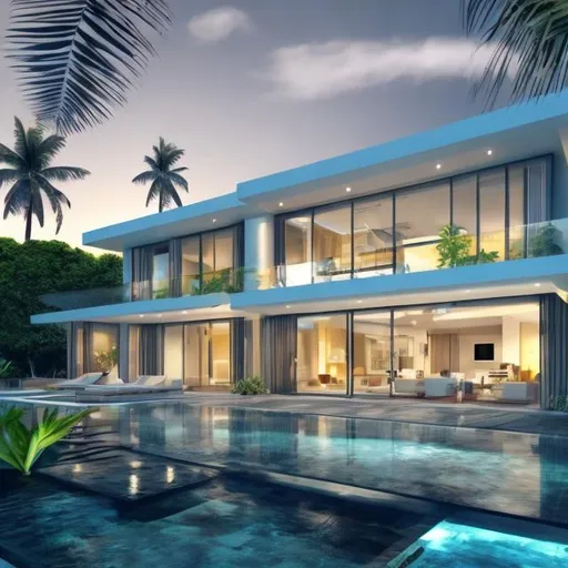 Prompt: please create a 4k image of a 3d modern luxury house, located in the tropical island, 

