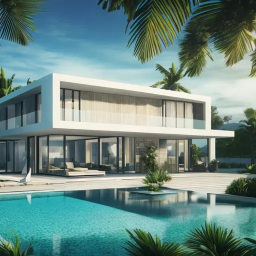 Prompt: please create a 4k image hiperealistic of a 3d modern luxury house with tropical island surrounded
