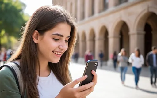 Prompt: La misma chica enviando un mensaje de voz desde su celular afuera de su universidad. Plano medio