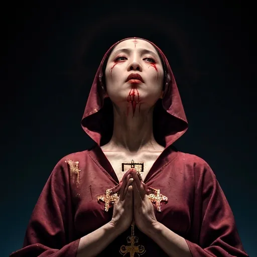 Prompt: beautiful possessed Asian nun,wearing blood covered gowns that are highly embelesed with gold thread and jewels, bleeding from her very open blue eyes in agony as she looks up to the sky to worship God who has punished her, against black background soft studio lighting. Realistic ,demonic , evil, stigmata 