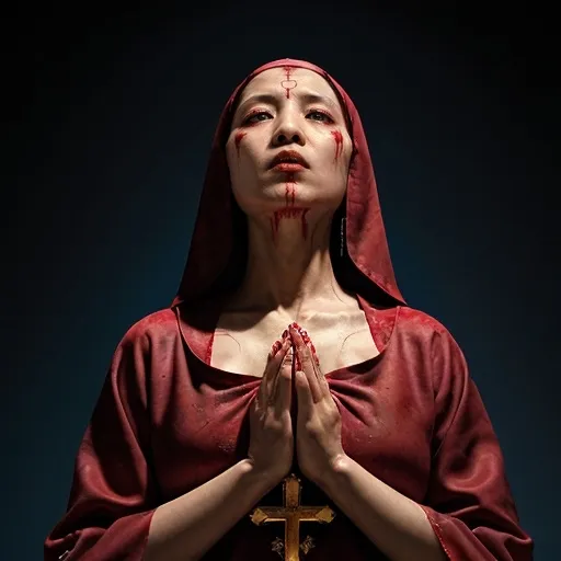 Prompt: beautiful Asian nun,wearing blood covered gowns that are highly embelesed with gold thread and jewels, bleeding from her very open blue eyes in agony as she looks up to the sky to worship God who has punished her, against black background soft studio lighting. Realistic ,demonic , evil, stigmata 