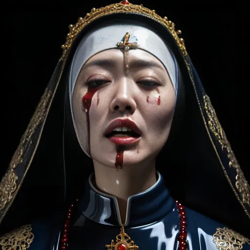 Prompt: Black glossy porcelain sculpture of a beautiful Asian nun,wearing blood covered gowns that are highly embelesed with gold thread and jewels, bleeding from her open blue eyes in agony as she looks up to the sky to worship God who has punished her against black background soft studio lighting. Realistic 