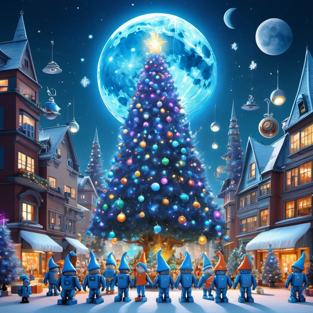 Prompt:  A big blue bright, Christmas tree, needles shine blue stands in the middle and around it are small robots and gnomes, the robots are illuminated with colored lights and the gnomes' clothes shine, there is a big and bright moon in the sky and around the tree is a city with large buildings that are decorated with large lights. This whole image is from the future and there are more bright colors, and more colored lights. Everything looks like from a fantasy movie.  The year is 2313 and everything is more fantastic, the fir tree stands crooked and shines the most