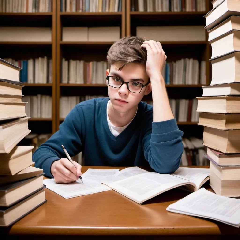 Prompt:  Imagine a young person, perhaps in their early twenties, seated at a desk in a quiet and serious atmosphere. They're surrounded by stacks of books and papers, indicating the rigorous preparation required for the exam