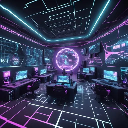 Prompt: A cyber world hangout with gaming vibes no people with fov the server name is datasphere