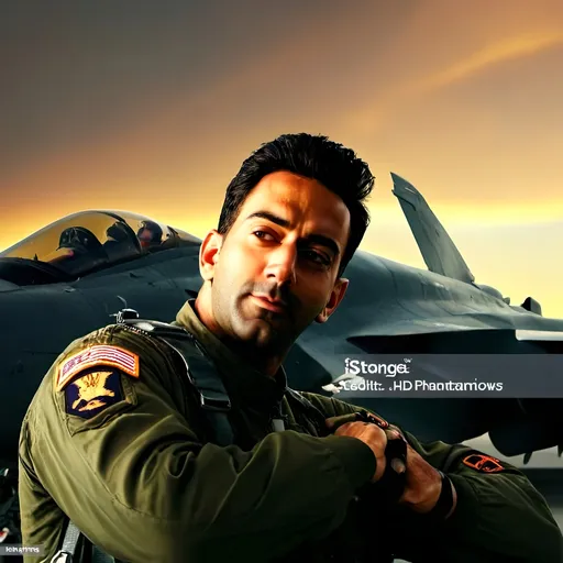 Prompt: (fighter airforce pilot), wearing a detailed flight g-suit, stance strong and confident, (dramatic lighting), realistic shadows, in front of a Phantom F-4E jet, showcasing its sleek design and aggressive profile, (highly detailed, photorealistic), intense atmosphere, backdrop of a cloudy sky, potentially during a golden sunset, (ultra HD).