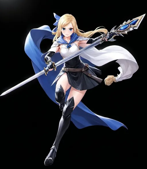 Prompt: a woman in a blue cape holding a sword and a sword in her hand, with a black background, Chizuko Yoshida, sots art, official art, a character portrait