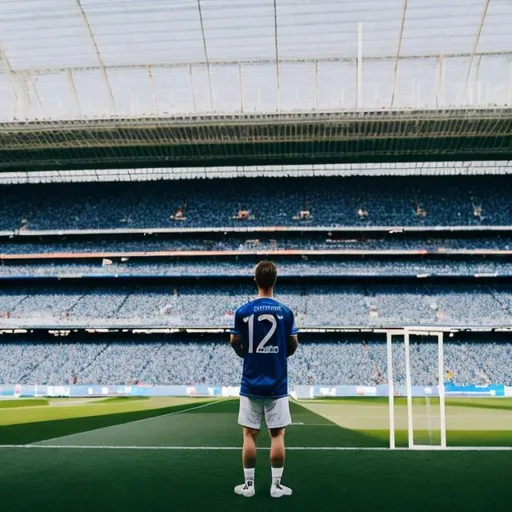 Prompt: A person looking at its phone while being a football stadium. The fans need to be in the color of blue and white. It is in Parken, Copenhagen. Supporting FCK Copenhagen. There are a lot of fans in the stadium. There is a football match on the field
