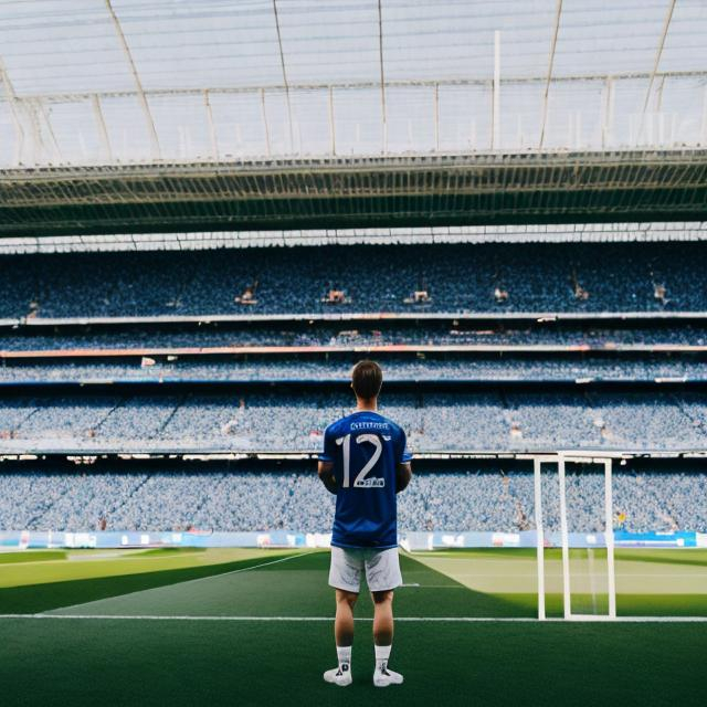 Prompt: A person looking at its phone while being a football stadium. The fans need to be in the color of blue and white. It is in Parken, Copenhagen. Supporting FCK Copenhagen. There are a lot of fans in the stadium. There is a football match on the field
