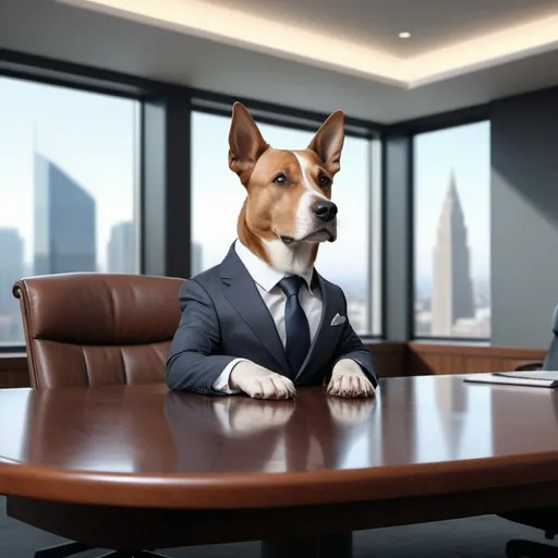 Prompt: (realistic image of a dog in a suit as a CEO), board meeting setting, high-ranking executive vibe, photorealistic, tailored suit, (business atmosphere), captivated audience members, sophisticated boardroom, (natural lighting), neutral color tones, professional, modern office décor, detailed facial features, attentive expression, ultra-detailed, cinematic depth, 4K, HD realism, elegant interior design, polished conference table, large windows, cityscape background, motivational, uplifting mood, business environment.