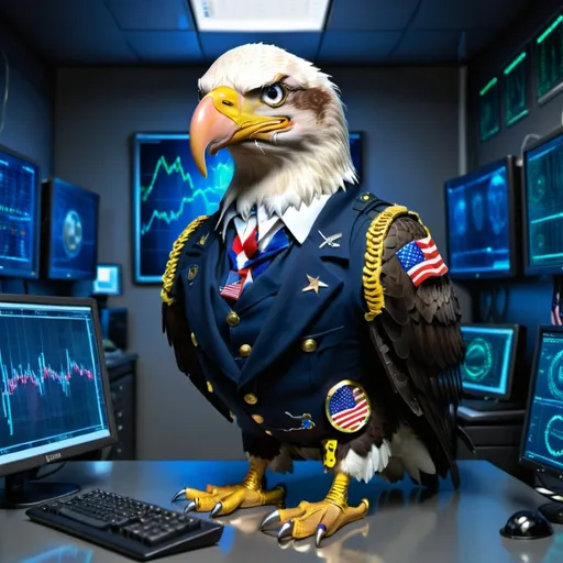 Prompt: a bald eagle, as an American cyborg Soldier, in a computer server room, with computer screen showing crypto currency charts, 