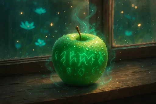 Prompt: A dewy green apple rests on an old wooden windowsill, bathed in warm, golden sunlight. Tiny droplets of water glisten like diamonds on its surface. But there's something otherworldly about it—glowing runes shimmer faintly across the apple's skin, slowly pulsing with a soft emerald light. Wisps of sparkling mist swirl gently around it, as if the fruit hums with hidden enchantment. Outside the slightly frosted window, an ethereal garden blooms with glowing flowers and floating fireflies. The windowsill, worn and cracked with age, is dusted with faint silver sparkles—like the remnants of a spell. Hyper-realistic detail with magical realism and cinematic lighting