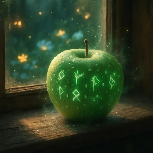 Prompt: A dewy green apple rests on an old wooden windowsill, bathed in warm, golden sunlight. Tiny droplets of water glisten like diamonds on its surface. But there's something otherworldly about it—glowing runes shimmer faintly across the apple's skin, slowly pulsing with a soft emerald light. Wisps of sparkling mist swirl gently around it, as if the fruit hums with hidden enchantment. Outside the slightly frosted window, an ethereal garden blooms with glowing flowers and floating fireflies. The windowsill, worn and cracked with age, is dusted with faint silver sparkles—like the remnants of a spell. Hyper-realistic detail with magical realism and cinematic lighting