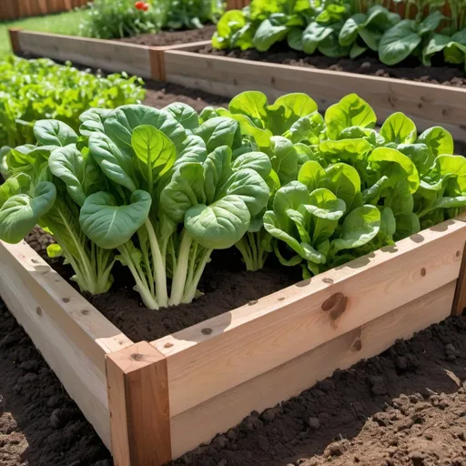 Prompt: a close-up of a raised wooden garden bed with leafy greens growing out of the healthy-looking soil, full screen on the the garden bed, spinach, lettuce, red tomatoes