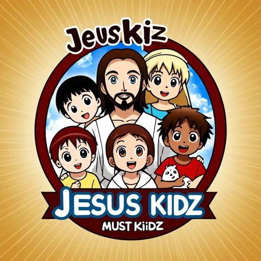 Prompt: Create a simple logo for a youtube channel with the words "Jesus Kidz" it must be simple with pictures of anime Jesus and kids from all races