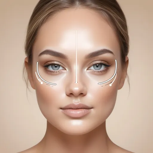 Prompt: An instructional beauty guide showcasing contour placement for an oval-faced woman to achieve a 'clean girl' makeup look. The digital illustration features a soft, natural-looking face with a light contour application under the cheekbones and at the temples. Subtle blending arrows indicate the direction for seamless blending. The makeup is minimal and polished, with soft highlights on the high points of the face. The overall aesthetic is clean, modern, and professional, designed for educational purposes.