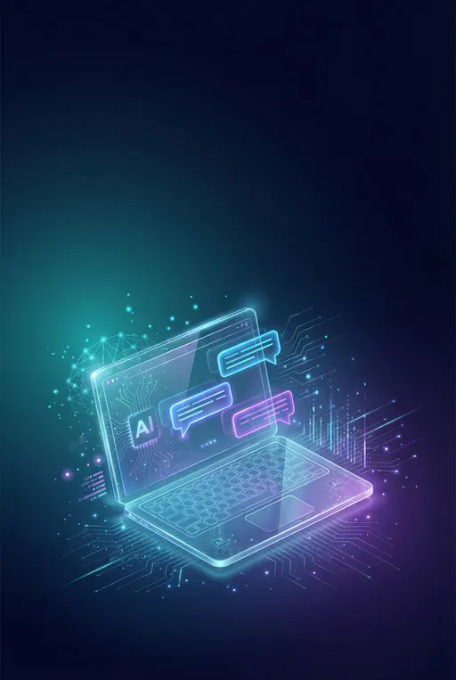 Prompt: Create a modern, eye-catching AI themed book cover background. A glowing futuristic digital interface with soft neon blue and purple light. A laptop or tablet in the center displaying a chat conversation with floating holographic chat bubbles and subtle AI circuitry patterns. Light particles and digital lines radiate outward to symbolize ideas and intelligence. The environment should feel sleek, modern, and tech-forward but clean and not cluttered. Dark navy gradient background with glowing teal and purple highlights. Professional lighting, cinematic glow, high contrast, minimal composition with space for large title text at the top and subtitle in the middle. Style should look polished and premium, like a modern tech book cover. No Text on image

Add these settings if available:

Style: futuristic tech / cinematic lighting
Aspect ratio: 2:3 vertical
Quality: high detail
Lighting: neon glow, soft digital highlights