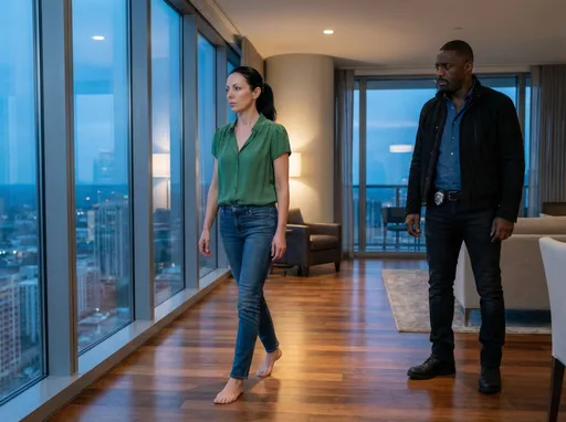 Prompt: @zgWNLnbjudxNq1qYRNsy @AJsif803UfVBjdZGJaBt are walking through a high rise apartment, the city visible through the large window. She is barefoot, wearing jeans and a green blouse. she is wearing light makeup, hair pulled back in a ponytail. He is in black jeans, badge on his belt, blue shirt and a black jacket. He stands to the side waching her.