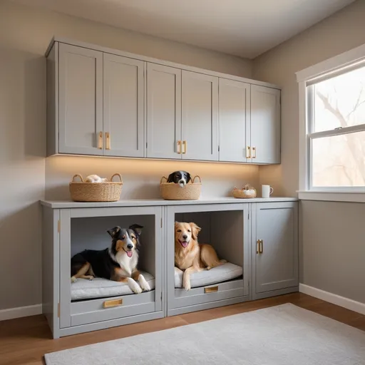 Prompt: The warm and modern pet daycare creates a peaceful and calm atmosphere with stylish cabinets in soft grey tones. Two dogs lie comfortably in their respective sleeping areas, each surrounded by stylish cubicle fences, with a Border Collie lying gracefully in one cubicle and a golden retriever puppy resting in another. Natural light pours in through the nearby windows, softly illuminating the room and the woven baskets on top of the cabinets. The minimalist design complements the warm tones of the clean floor below, creating an atmosphere of warm and happy dog ​​residence and a peaceful retreat for pets.