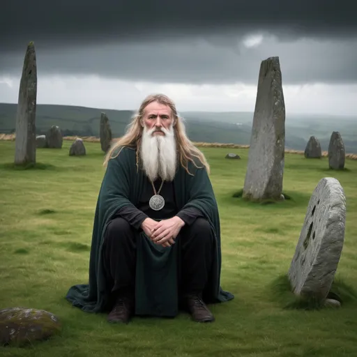 Prompt: Ancient Irish celtic druid at a stone circle. Moody