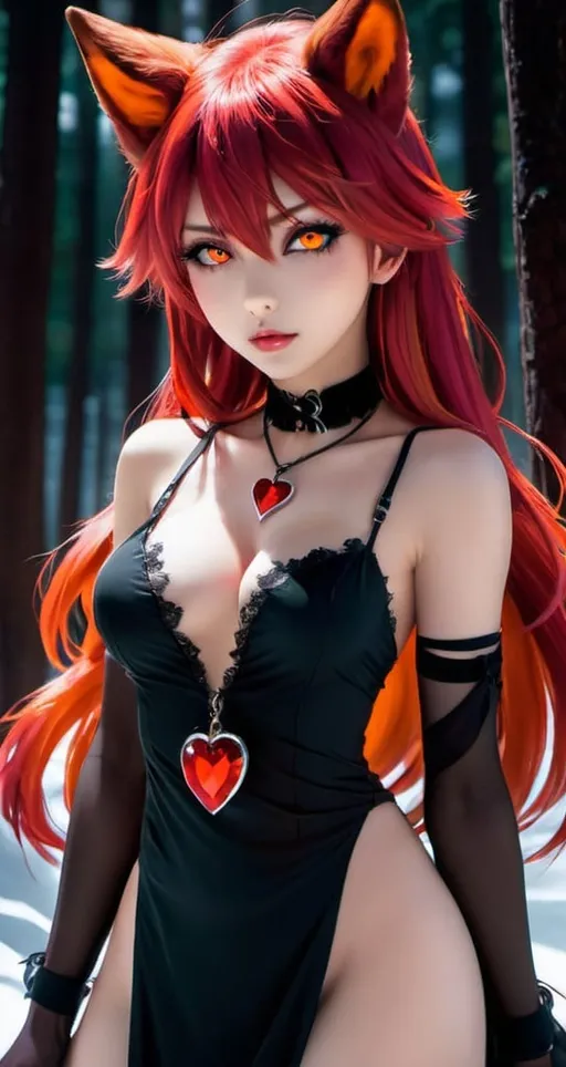 Prompt: In a moonlit forest, a fierce female wolf girl prowls with fangs bared. Her mesmerizing pinkish-red hair flows in the wind as she gazes with fiery red and orange hunter eyes. Adorned with a choker and a necklace, the deep red heart pendant glimmers. Shadows dance around her, adding an eerie yet captivating atmosphere. Anime.