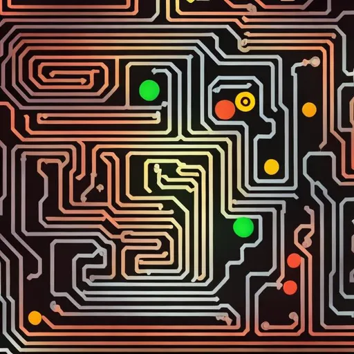 Prompt: Retro Circuitry: Merge the retro charm of Pac-Man with abstract circuit board patterns, creating a visually detailed composition that captures the essence of gaming technology.