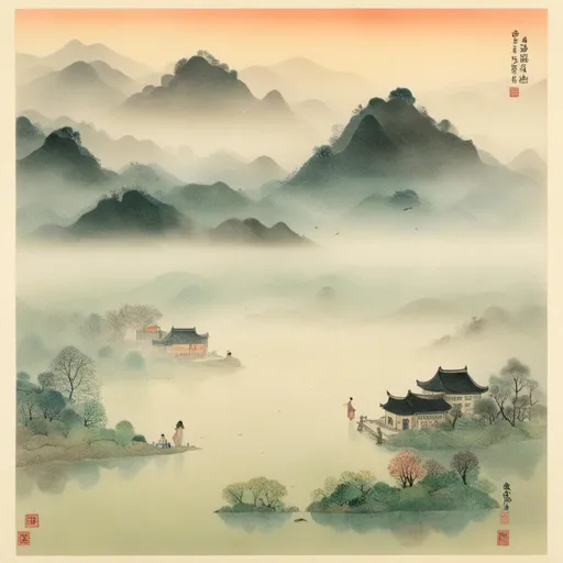 Prompt: <mymodel> 1920, morning. Suzhou farm, foggy, far away mountain. finger fairy on a pebble. river side. mysterious atmosphere.