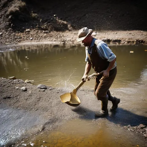 Prompt: Canadian, Gold Miner, Rushing, Gold Panning, Mining, Man