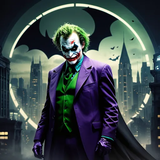 Prompt: create an image in a futuristic gotham with a bat signal joker and batman in the background