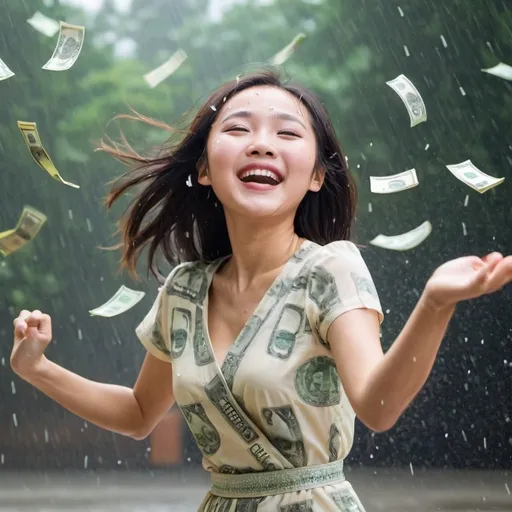 Prompt: A beautiful asian girl dancing in money rain she is happy and joyous