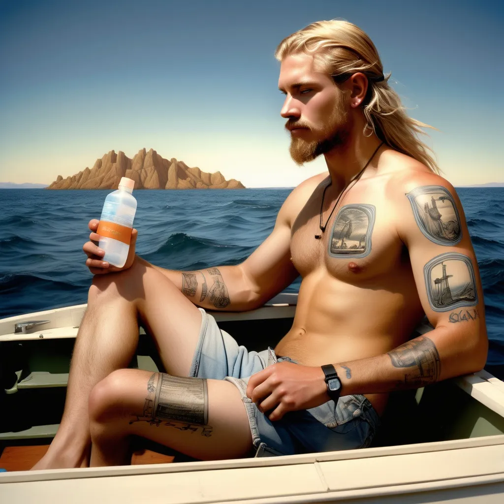 Prompt: airbrushed, copic marker, very high quality display piece, and book cover design: Male in 30’s, stranded at sea, in life boat, has earbuds, iPod type device, long blonde hair, facial hair 2 day growth, sunburned skin, tattoos traditional on arms and legs, his water bottles lay beside him in boat, broken oars hang from life boat